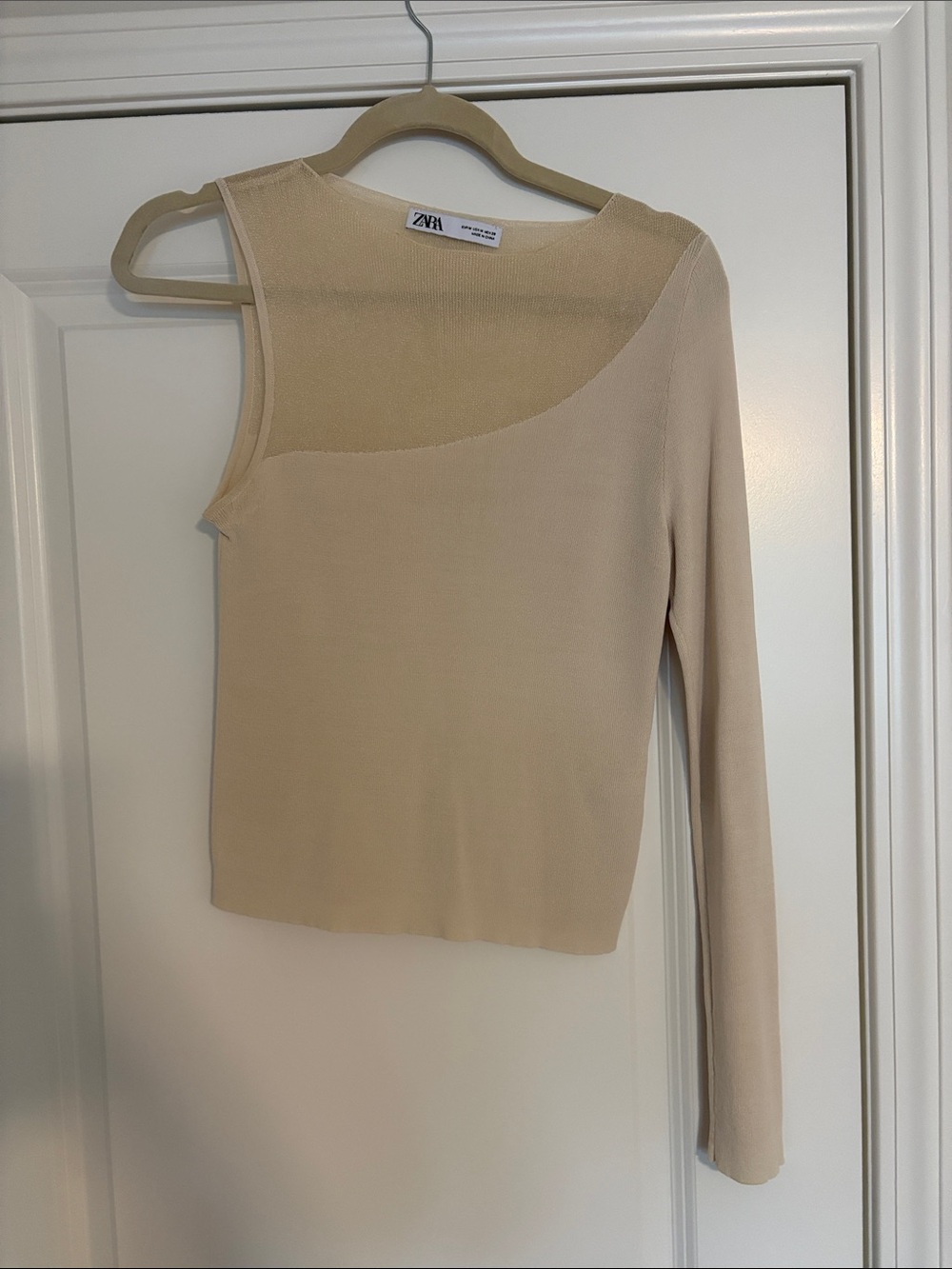 Zara Beige One-Shoulder Long Sleeve Top